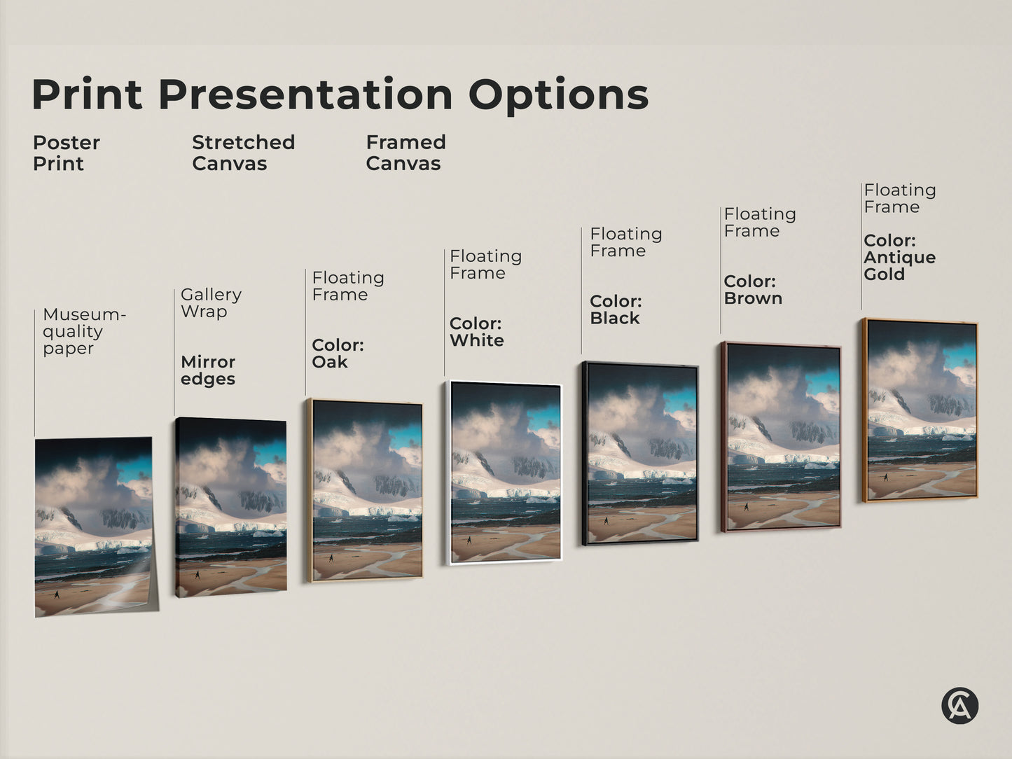 Explore Print Presentation Options with our Antarctica Landscape Photography. Choose Poster Print or Stretched Canvas. Available as Framed Canvas in Oak White Black Brown and Antique Gold Frames