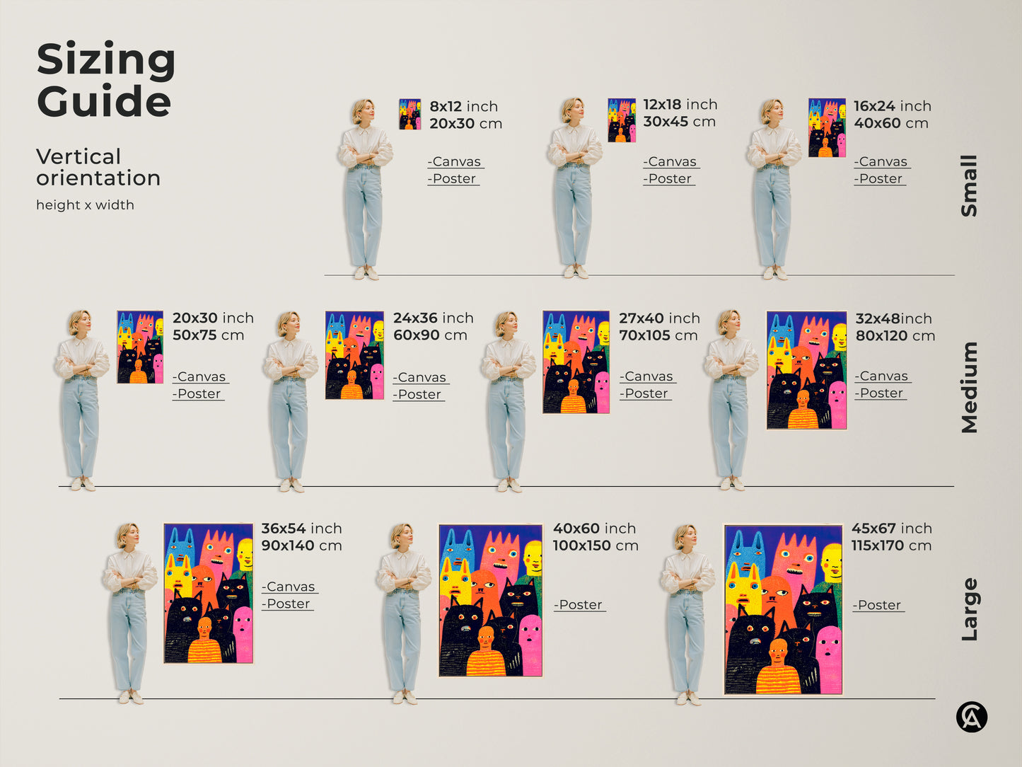 Sizing guide for whimsical character art. This art is available in various sizes from small to large. Options include canvas and poster prints. Find the perfect size to complement your space and style. Explore sizing options now. Buy art today!