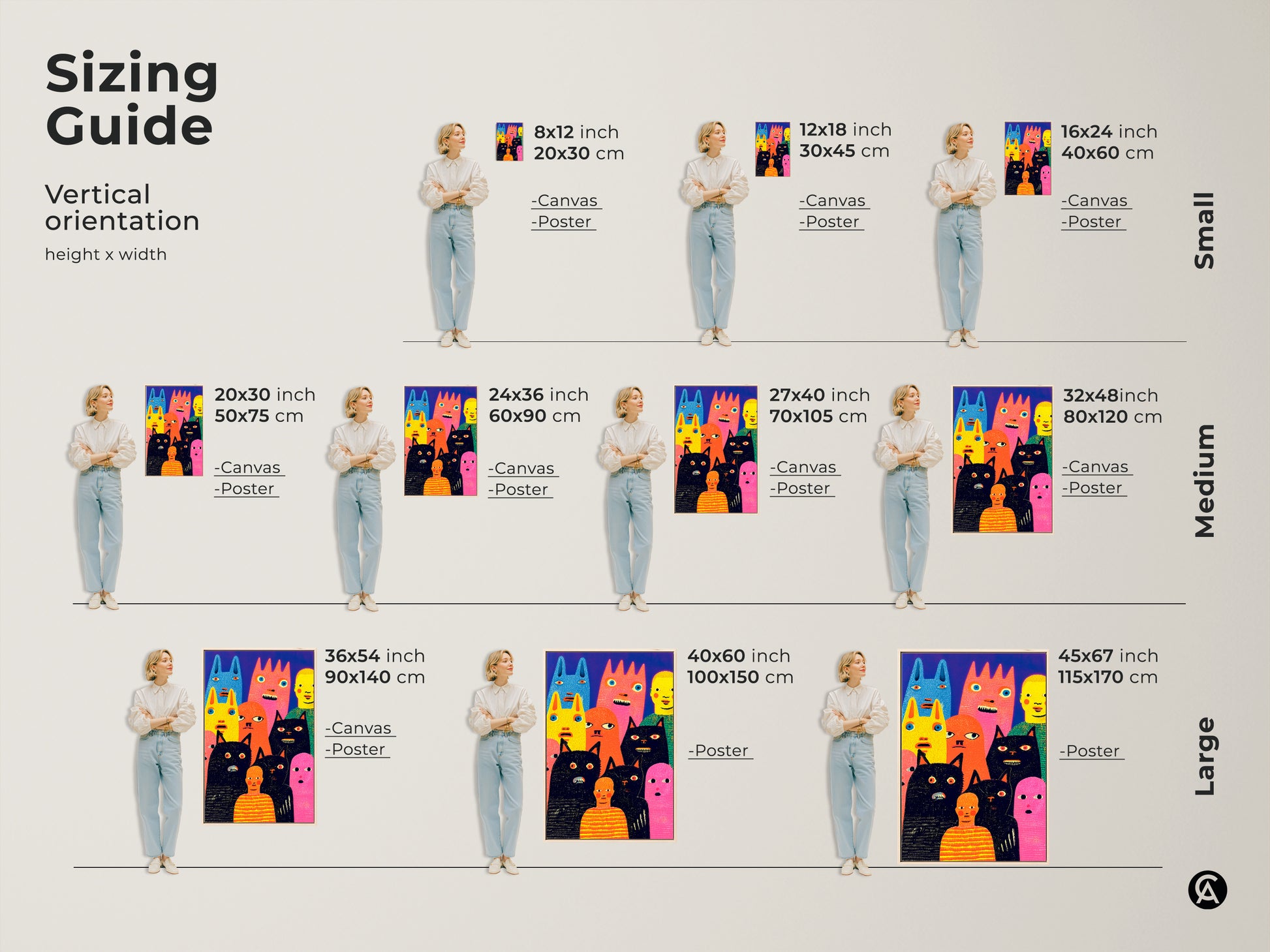 Sizing guide for whimsical character art. This art is available in various sizes from small to large. Options include canvas and poster prints. Find the perfect size to complement your space and style. Explore sizing options now. Buy art today!