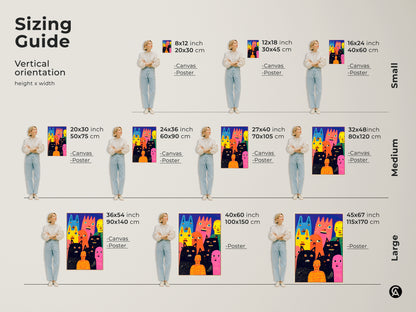 Sizing guide for whimsical character art. This art is available in various sizes from small to large. Options include canvas and poster prints. Find the perfect size to complement your space and style. Explore sizing options now. Buy art today!