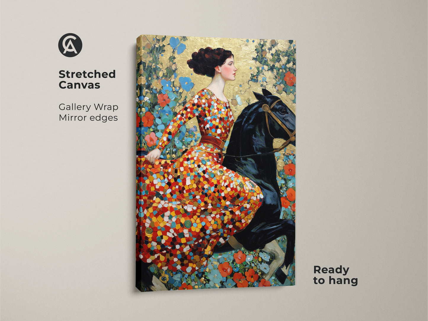 Stretched canvas print showcasing an art nouveau woman on a black horse. The gallery wrapped canvas has mirror edges and is ready to hang. This eclectic bedroom decor features red orange gold floral art. It is a unique gift for art lovers who appreciate vintage equestrian art.