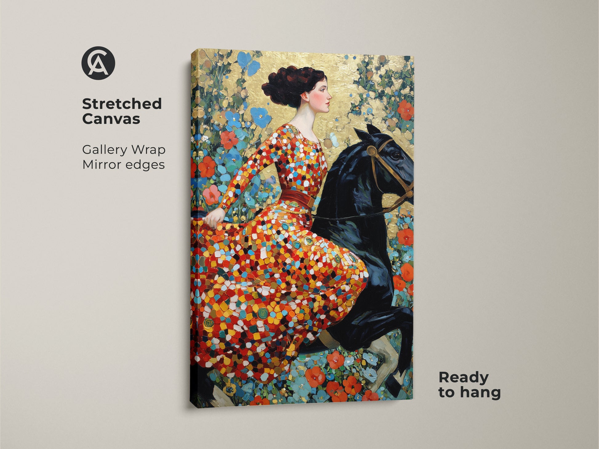 Stretched canvas print showcasing an art nouveau woman on a black horse. The gallery wrapped canvas has mirror edges and is ready to hang. This eclectic bedroom decor features red orange gold floral art. It is a unique gift for art lovers who appreciate vintage equestrian art.