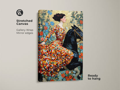 Stretched canvas print showcasing an art nouveau woman on a black horse. The gallery wrapped canvas has mirror edges and is ready to hang. This eclectic bedroom decor features red orange gold floral art. It is a unique gift for art lovers who appreciate vintage equestrian art.