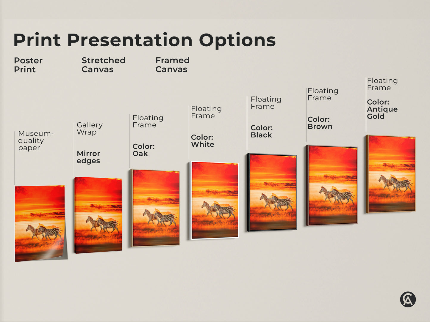 Print presentation options shown for zebra artwork. Options include poster print stretched canvas and framed canvas. Each features a sunset savanna. Find the perfect style for your home decor.