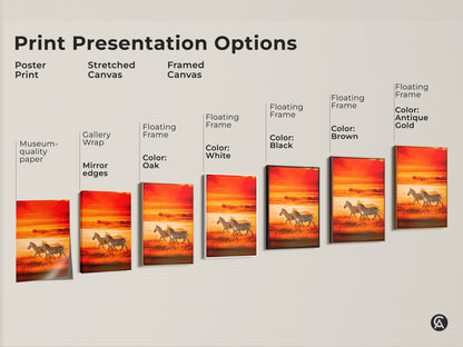 Print presentation options shown for zebra artwork. Options include poster print stretched canvas and framed canvas. Each features a sunset savanna. Find the perfect style for your home decor.