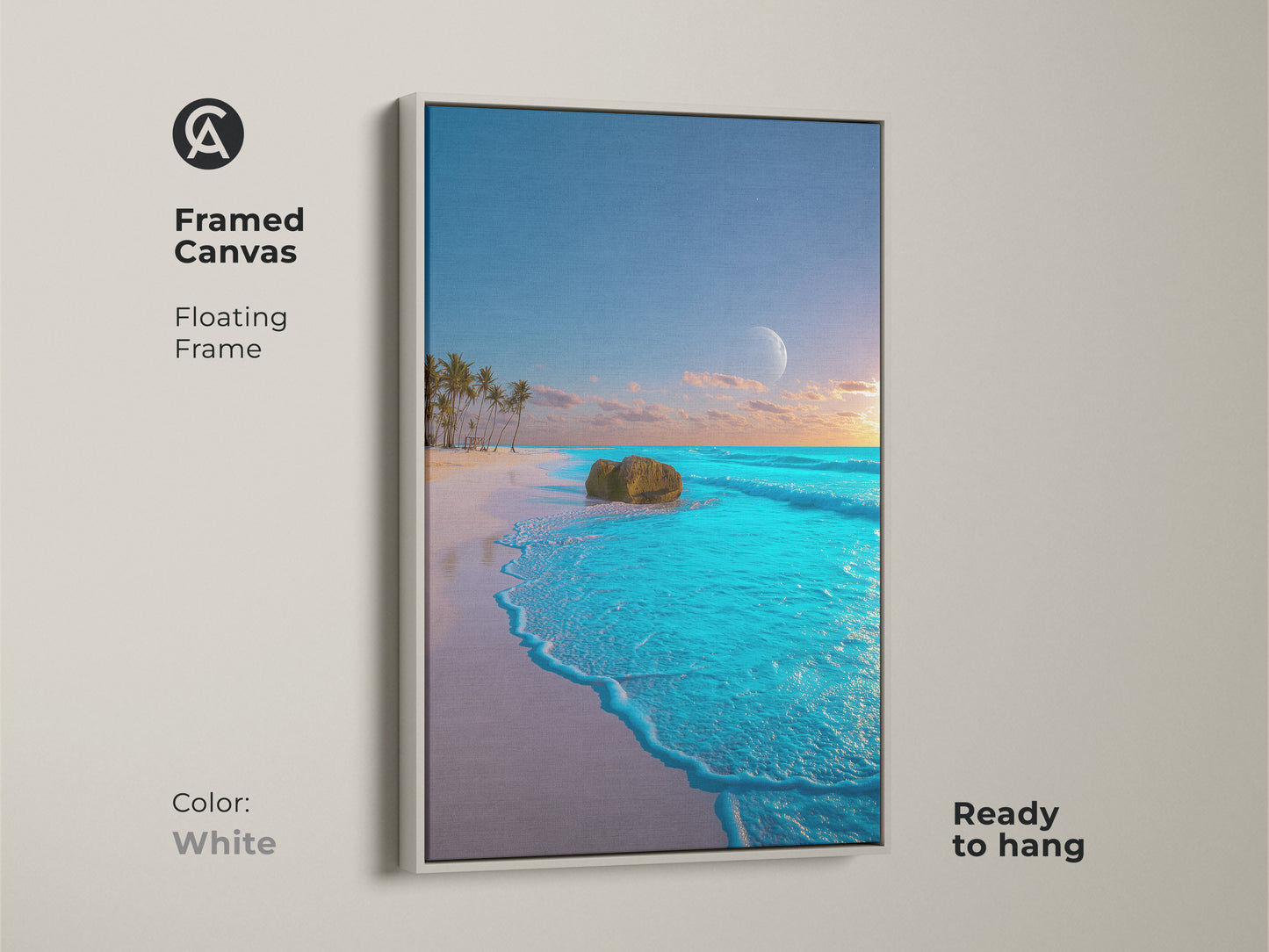 Framed Canvas with a White Floating Frame. Tropical Beach artwork of palm trees and a moon. Ocean Landscape Wall Art Print. Coastal Home Decor Art in Aqua Blue Teal. Ready to hang. Perfect Beach Lovers Gift.