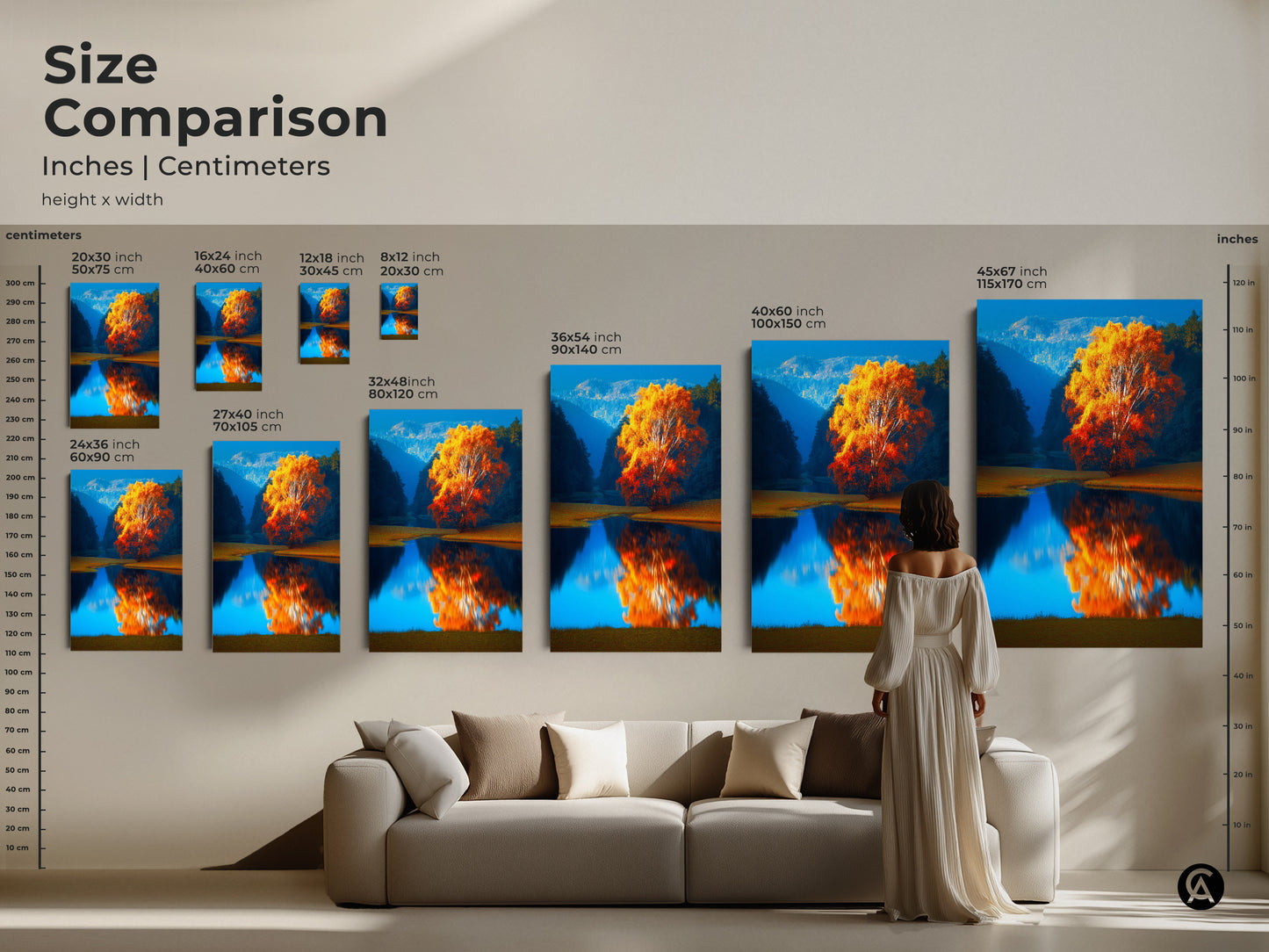 Size comparison of Autumn Tree by Lake art prints in inches and centimeters. Various sizes displayed above a sofa to showcase scale. Ideal for planning your wall art arrangement. From 20x30 cm to 45x67 inches. This scenic reflection canvas fits any room size. Bring the outdoors in.