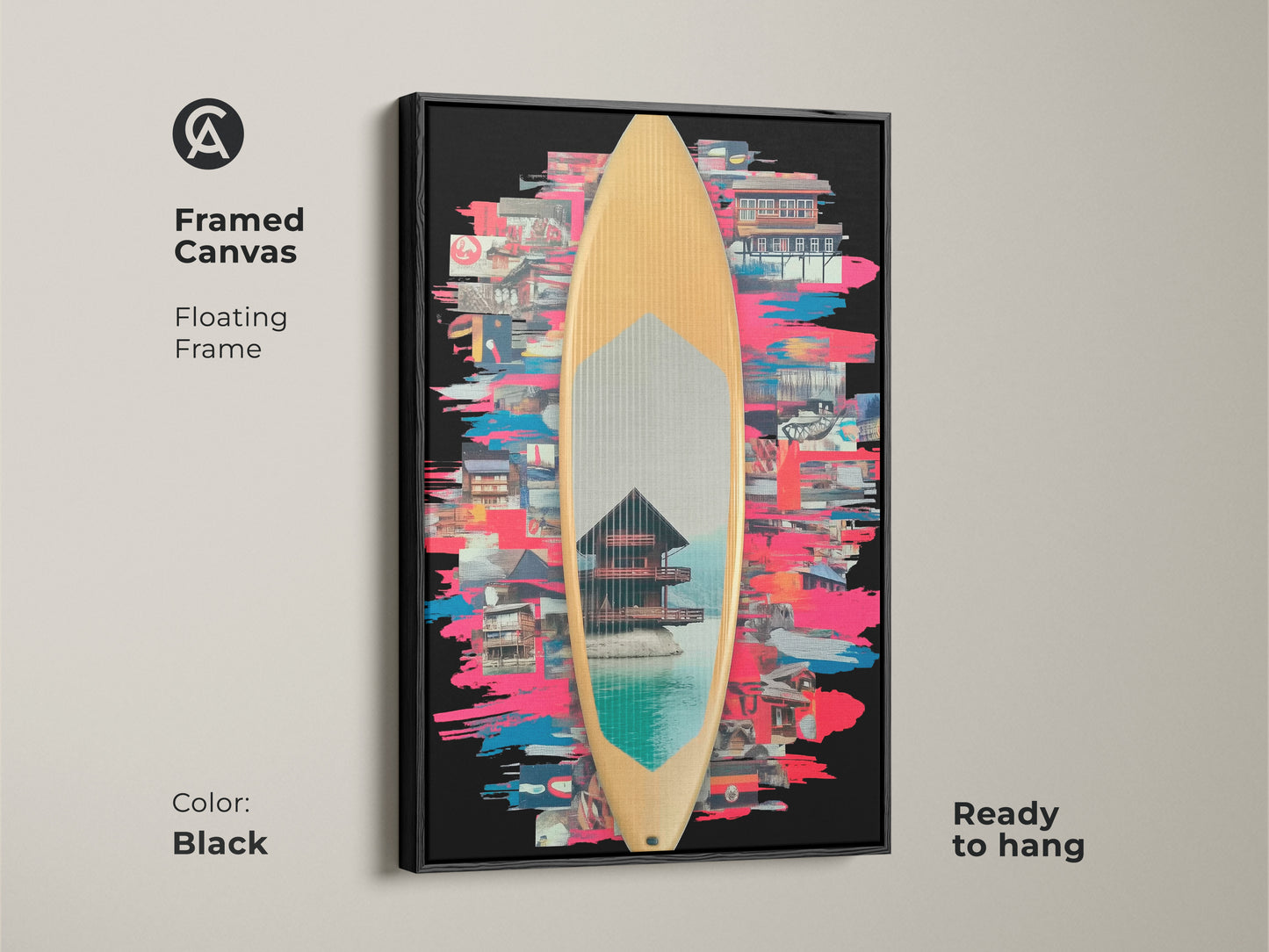 Framed canvas featuring surfboard collage art. The print is ready to hang with a floating black frame. The artwork combines Japanese pagoda elements with surf culture aesthetics. The colorful collage makes a statement. A perfect housewarming gift with urban surf art appeal.