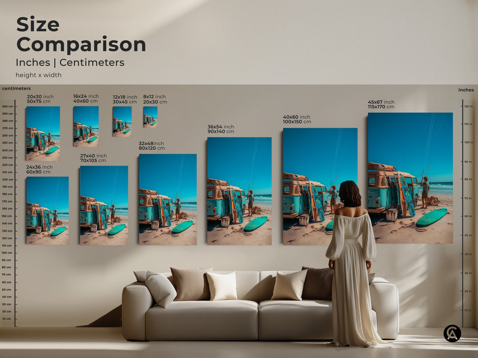 Size comparison of beach themed artwork in inches and centimeters. See how the art looks above a couch. Choose from various sizes to complement your living space. Find the perfect fit for your home.
