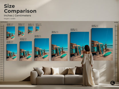 Size comparison of beach themed artwork in inches and centimeters. See how the art looks above a couch. Choose from various sizes to complement your living space. Find the perfect fit for your home.