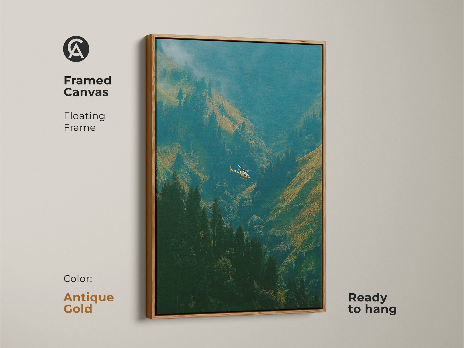 Framed canvas art featuring a helicopter soaring through a beautiful mountain valley. The floating frame is antique gold. This artwork is ready to hang. Bring the beauty of nature into your home today.