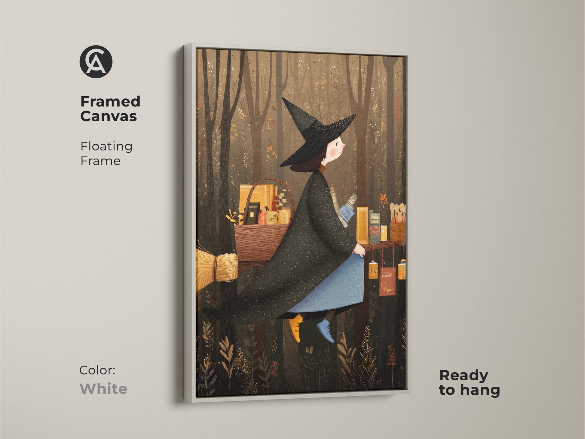A framed canvas with a white floating frame of a witch on a broomstick. This charming art is perfect for celestial witch art lovers. A unique Halloween gift idea. The witch flies through a forest.