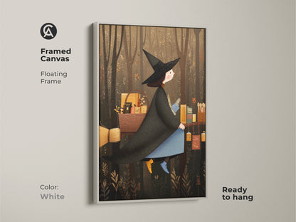 A framed canvas with a white floating frame of a witch on a broomstick. This charming art is perfect for celestial witch art lovers. A unique Halloween gift idea. The witch flies through a forest.