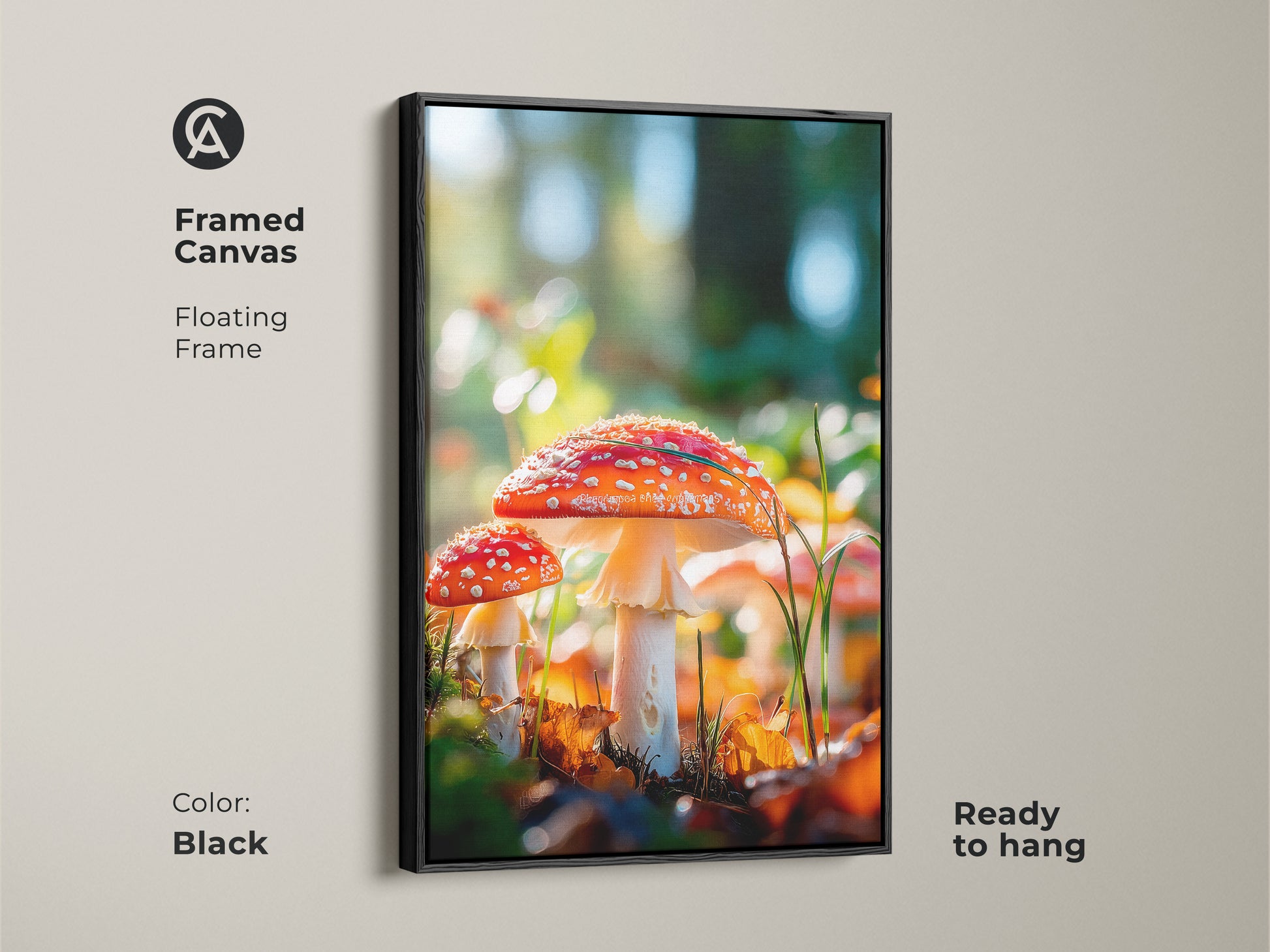 Black framed canvas of mushroom art. This floating frame enhances the vibrant colors of the mushroom artwork. The red capped mushrooms bring nature indoors. This canvas is ready to hang.