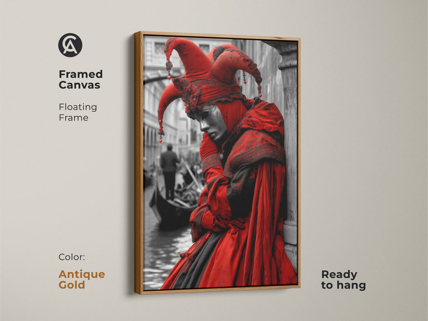 Antique gold framed canvas art featuring a Venetian jester. This Venice artwork adds a vintage touch to your decor. The floating frame enhances the jester artwork. It is ready to hang.