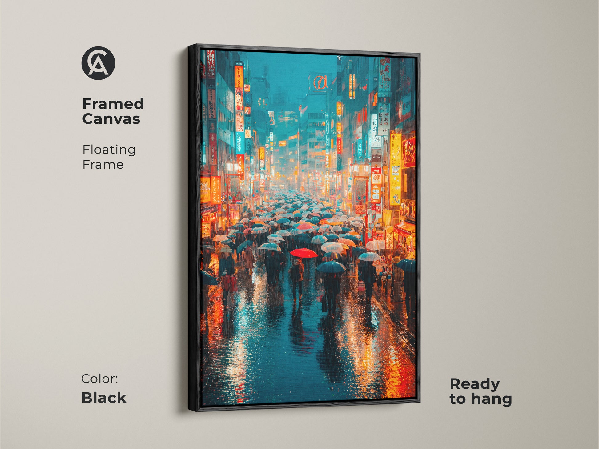 Framed canvas in black showcasing cyberpunk rainy night art. This urban cityscape wall decor depicts a neon Japanese street. Ready to hang this cinematic nightlife artwork adds a modern sophisticated touch to any space. It's perfect for art lovers.