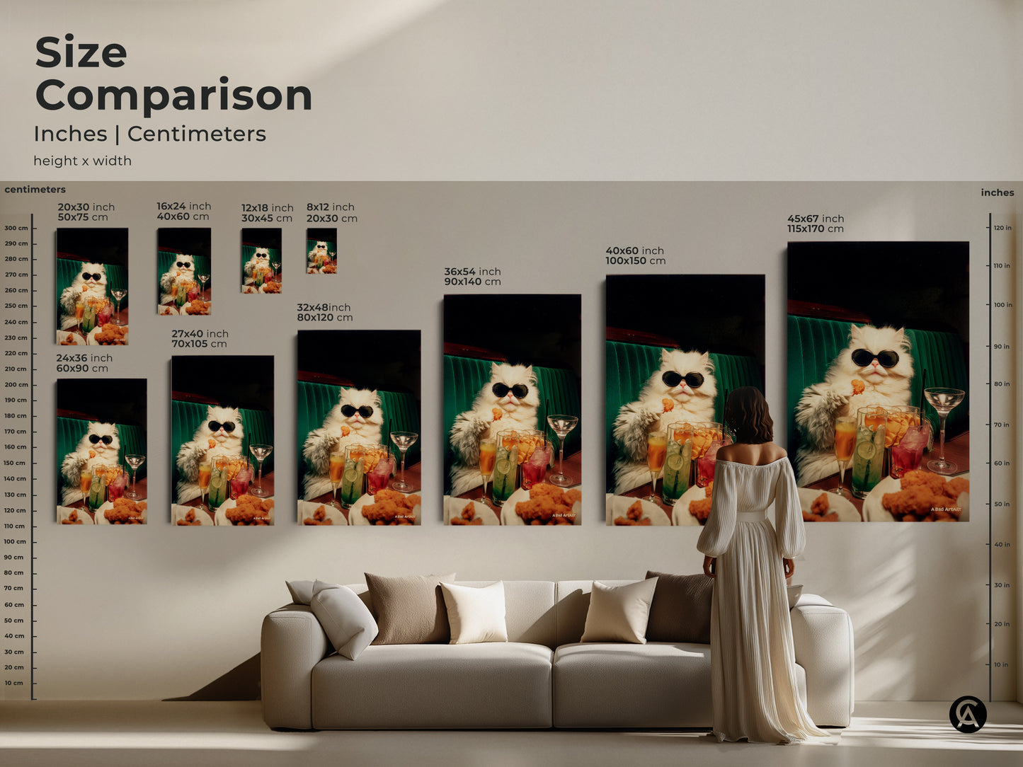 Size comparison of the persian cat artwork. Sizes range from small to large. A woman stands next to the art for scale. Various sizes are displayed above a couch. Find the perfect size for your living space.