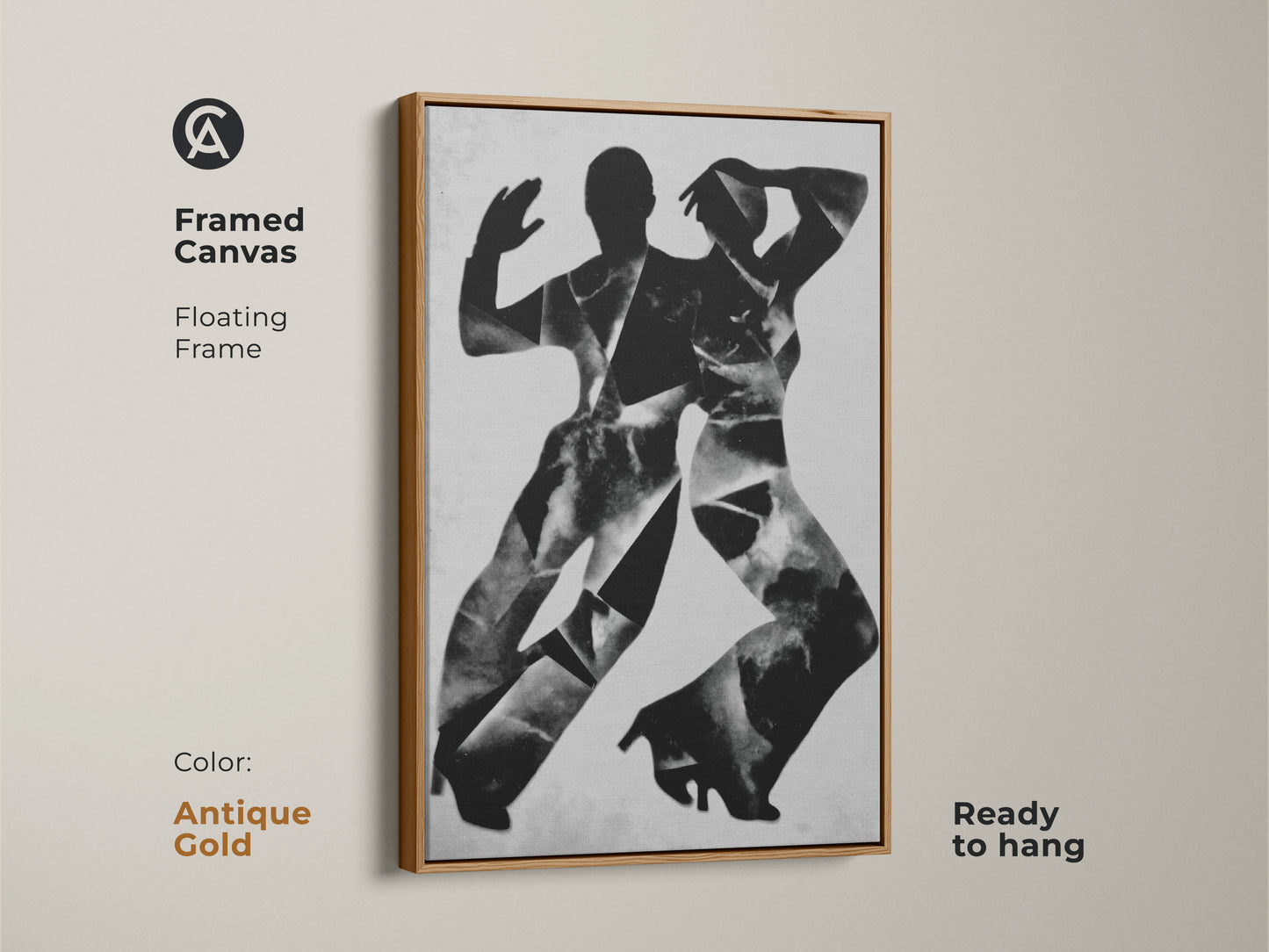 Sizing guide for vertical orientation of abstract dancers art. Available as canvas or poster in small medium and large sizes. Visualize the art in 8x12 to 45x67 inch options with a person for scale.