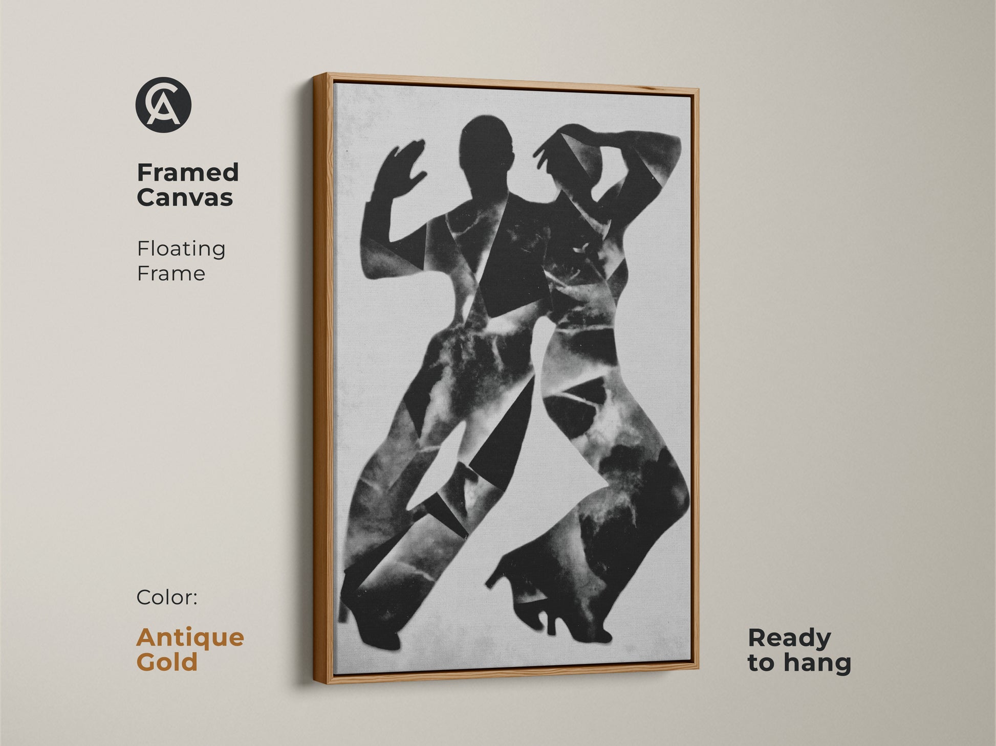 Sizing guide for vertical orientation of abstract dancers art. Available as canvas or poster in small medium and large sizes. Visualize the art in 8x12 to 45x67 inch options with a person for scale.