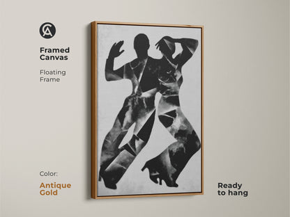 Sizing guide for vertical orientation of abstract dancers art. Available as canvas or poster in small medium and large sizes. Visualize the art in 8x12 to 45x67 inch options with a person for scale.