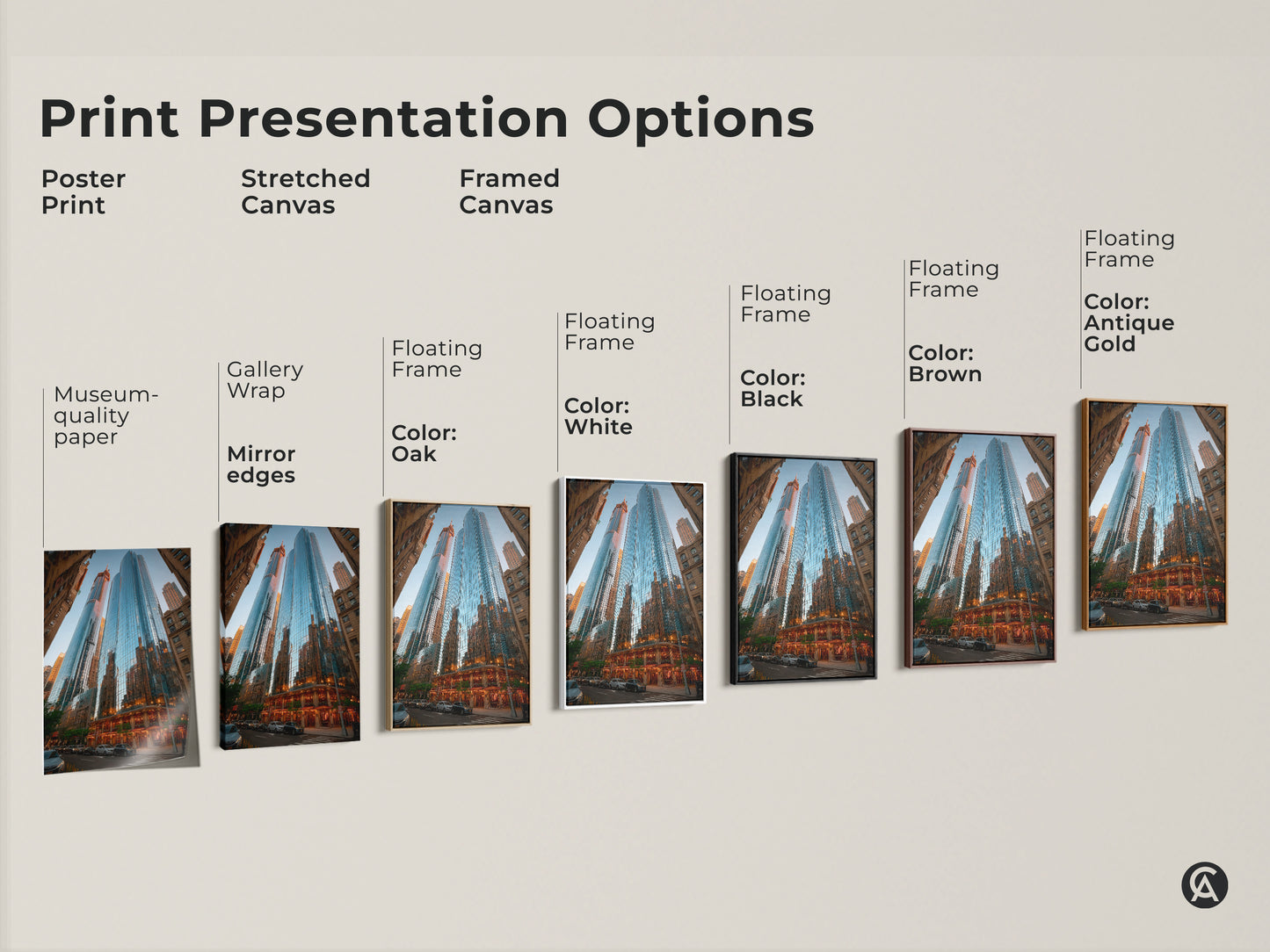 Explore print presentation options for blue cityscape art. Choose from poster prints stretched canvas and framed canvas. Options include museum-quality paper gallery wrap and floating frames in oak black brown antique gold and white.