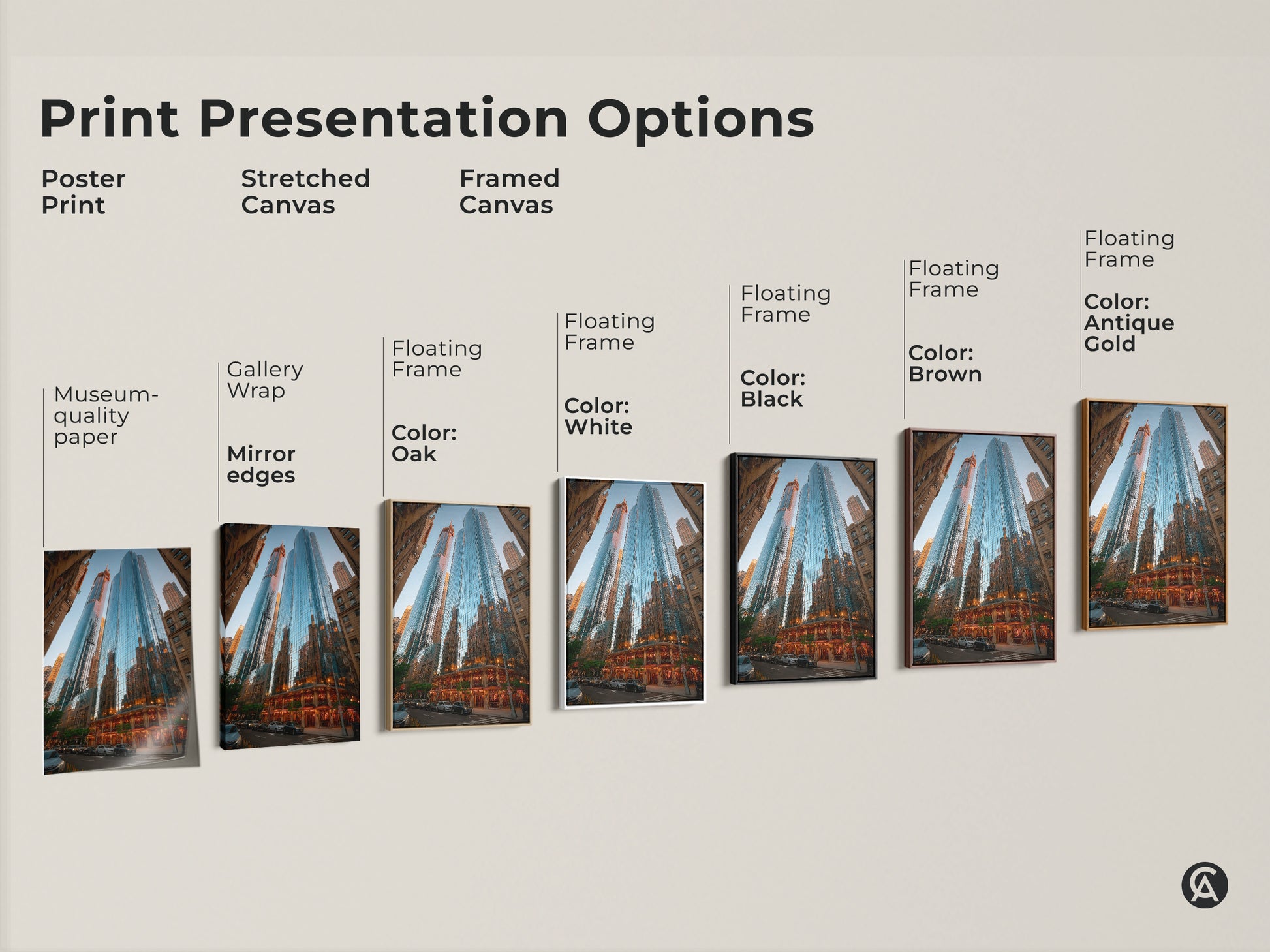 Explore print presentation options for blue cityscape art. Choose from poster prints stretched canvas and framed canvas. Options include museum-quality paper gallery wrap and floating frames in oak black brown antique gold and white.