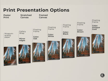 Explore print presentation options for blue cityscape art. Choose from poster prints stretched canvas and framed canvas. Options include museum-quality paper gallery wrap and floating frames in oak black brown antique gold and white.