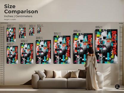 Size comparison of abstract glitch art prints. Inches and centimeters. This canvas or poster art is available in various sizes. Urban man face wall art in red black and teal abstract. Contemporary office wall decor or modern art print.