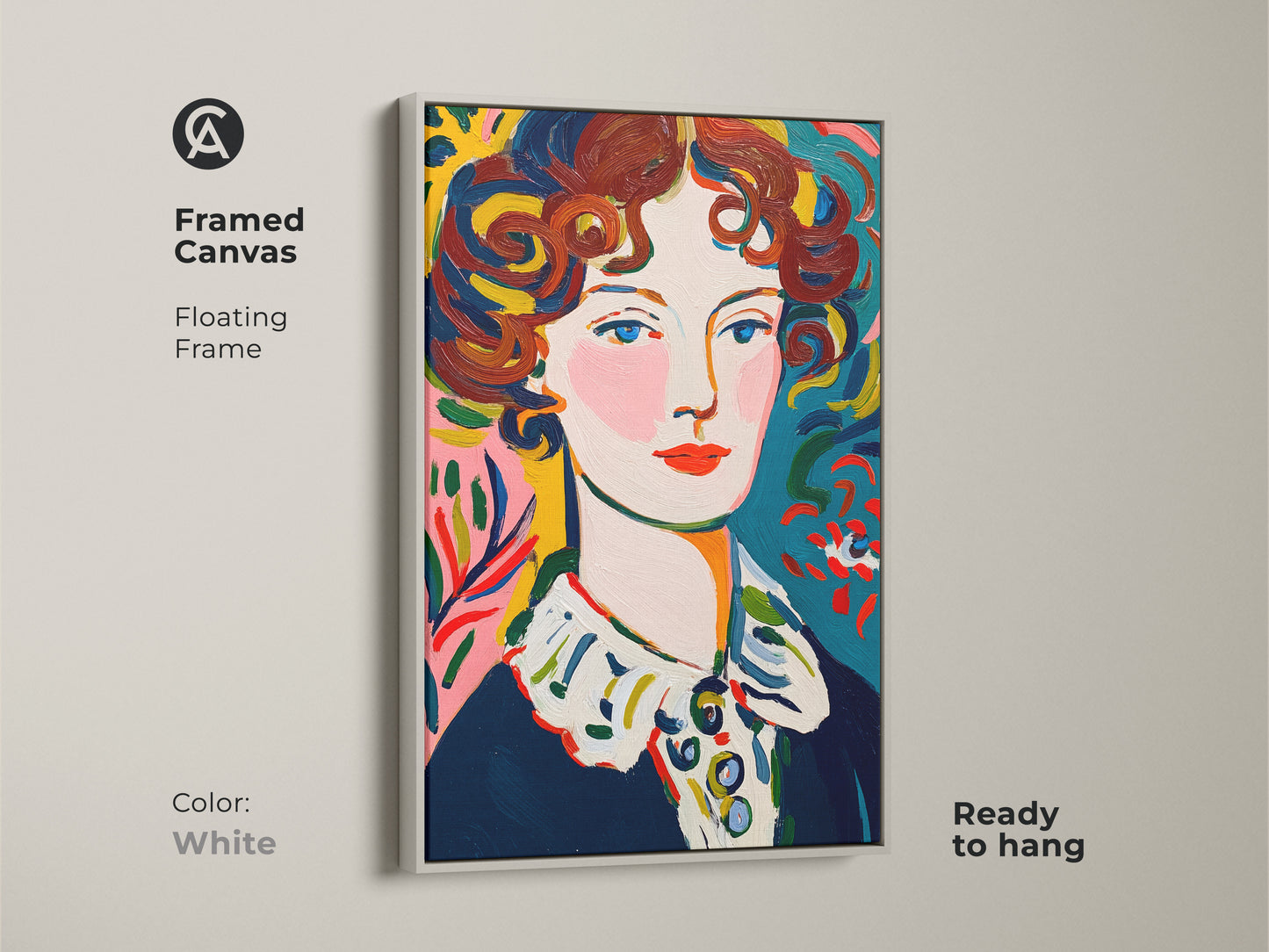 Framed canvas print featuring a portrait of a woman. The floating frame is white for a clean modern aesthetic. This ready-to-hang artwork brightens any room. The colorful painting adds a vibrant touch to your walls.