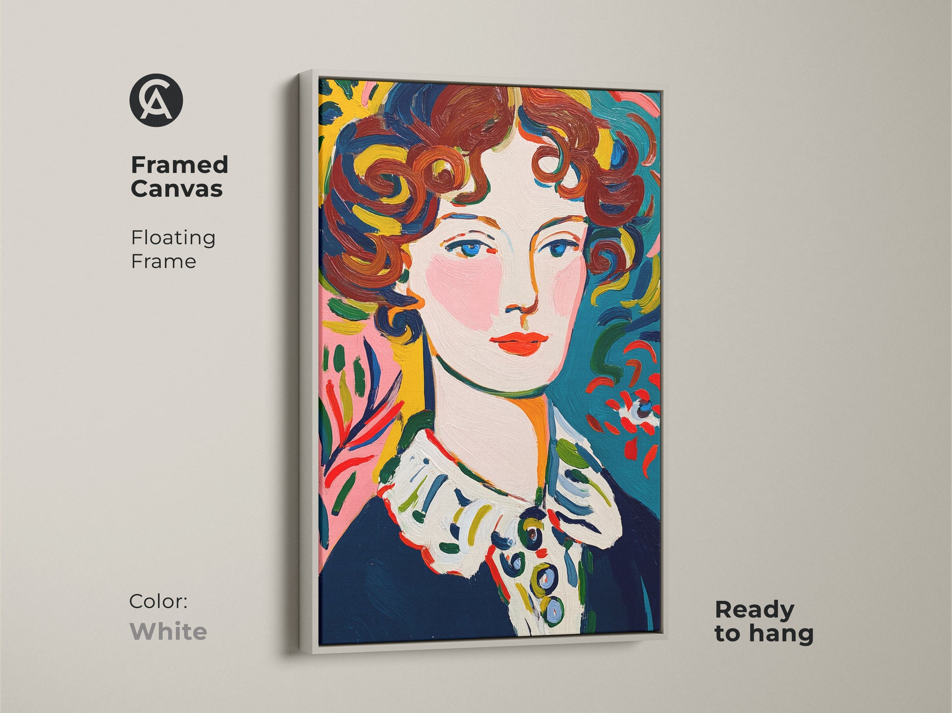 Framed canvas print featuring a portrait of a woman. The floating frame is white for a clean modern aesthetic. This ready-to-hang artwork brightens any room. The colorful painting adds a vibrant touch to your walls.