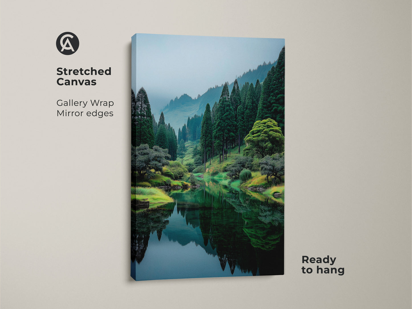 Stretched canvas art featuring a serene forest lake. The gallery wrap showcases mirror edges providing a ready to hang artwork. Bring the beauty of nature indoors with this piece.