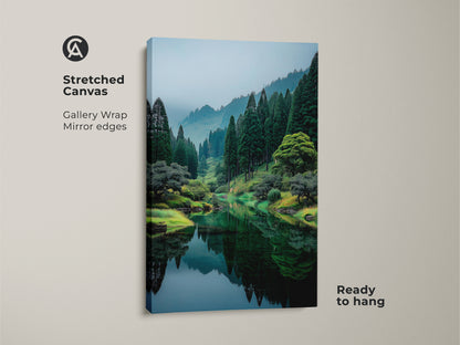 Stretched canvas art featuring a serene forest lake. The gallery wrap showcases mirror edges providing a ready to hang artwork. Bring the beauty of nature indoors with this piece.