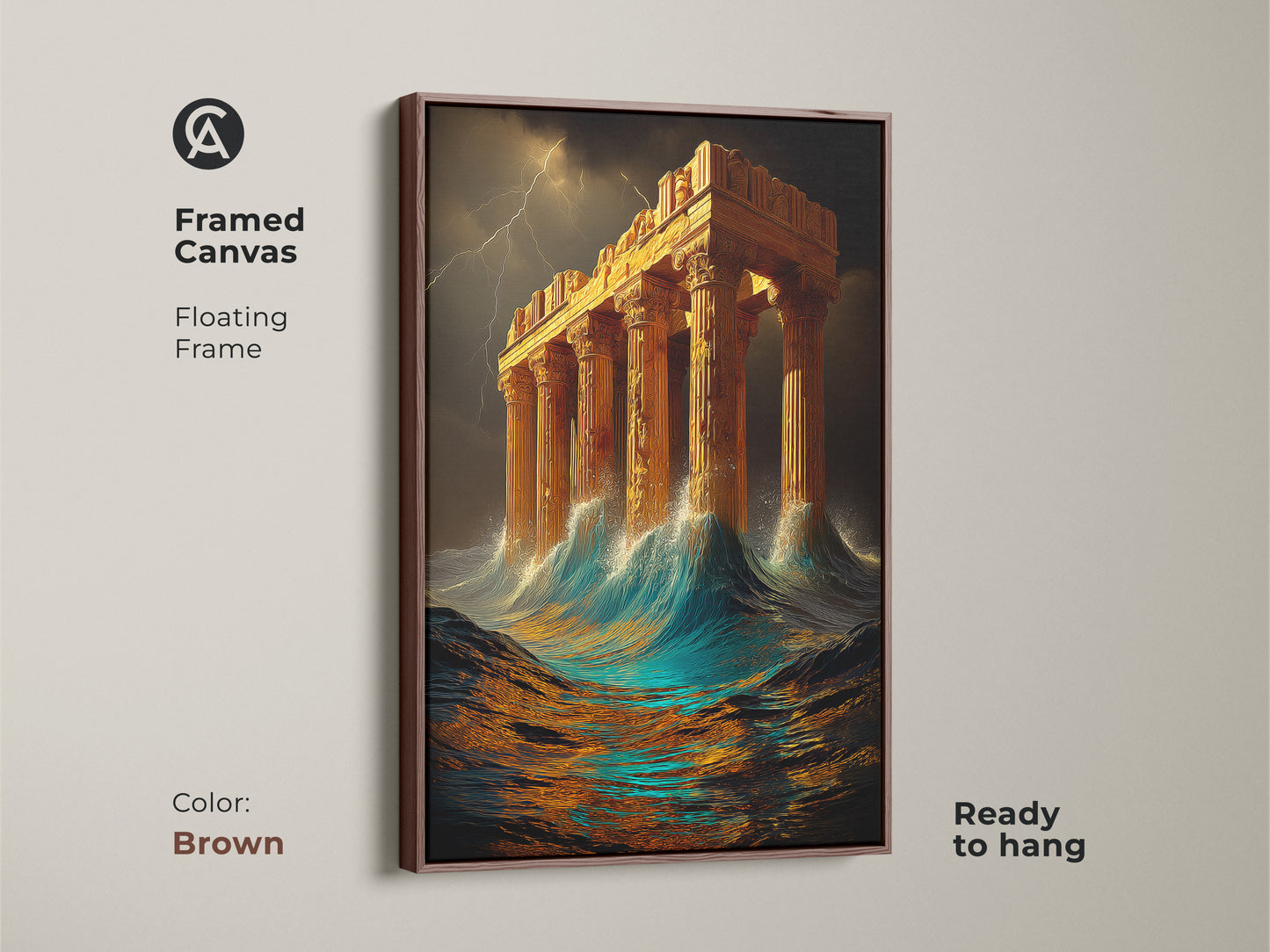 Brown framed canvas art showcasing a golden Greek temple in a stormy sea. This architectural art print is ready to hang. The floating frame enhances the mythology artwork. Perfect for adding a surreal seascape to your study room or as a unique wall hanging.