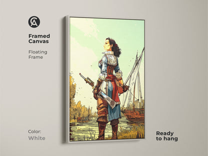 Framed Canvas featuring a Female Pirate Captain with Sailing Ship. Floating frame in white. Nautical adventure artwork complements any room. Its comic style art and line art nautical theme offers a unique historical print. Perfect for workplace adventure art in teal and brown.