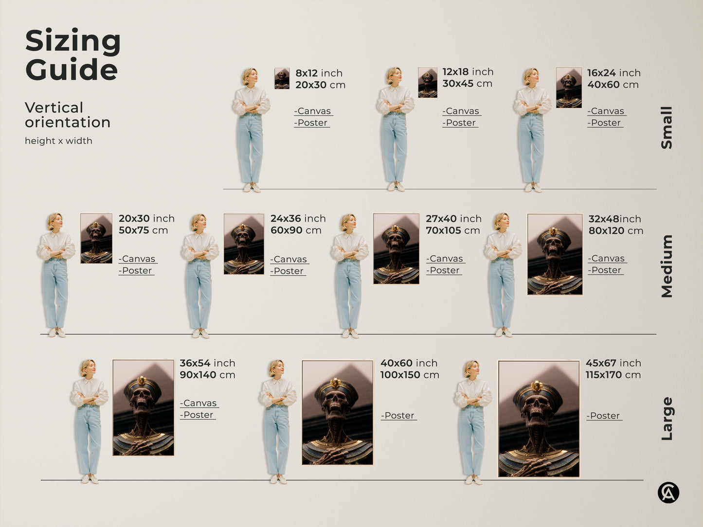 Sizing guide showcasing vertical pharaoh skeleton art. Visualize 8x12 to 45x67 inch sizes. See how canvas or poster prints fit various spaces. Perfect for study office or eclectic home decor. Discover the ideal scale for your ancient Egypt wall art and royal tomb aesthetic.