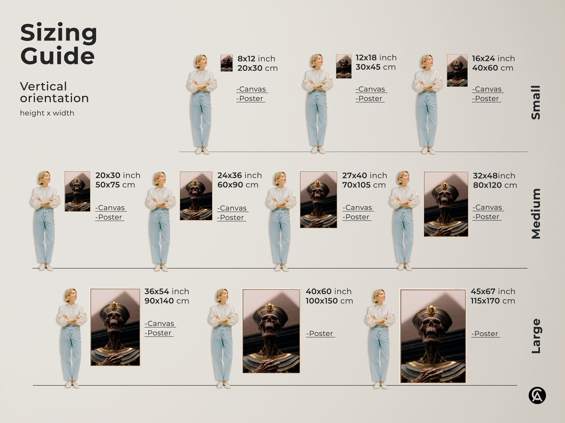 Sizing guide showcasing vertical pharaoh skeleton art. Visualize 8x12 to 45x67 inch sizes. See how canvas or poster prints fit various spaces. Perfect for study office or eclectic home decor. Discover the ideal scale for your ancient Egypt wall art and royal tomb aesthetic.