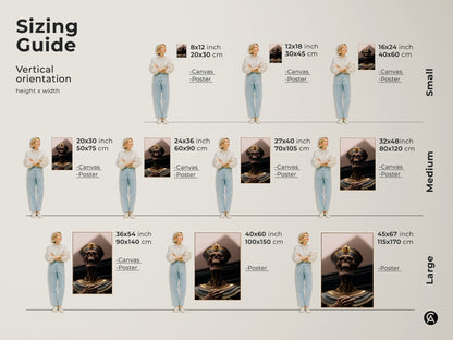 Sizing guide showcasing vertical pharaoh skeleton art. Visualize 8x12 to 45x67 inch sizes. See how canvas or poster prints fit various spaces. Perfect for study office or eclectic home decor. Discover the ideal scale for your ancient Egypt wall art and royal tomb aesthetic.