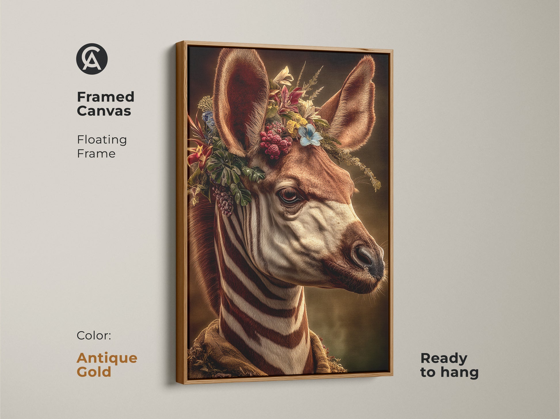 Framed canvas with a botanical zebra art print. The antique gold floating frame accentuates the vintage style animal art. This dark academia wall decor has rich earthy tones. Ready to hang. Add an artistic touch to your living room or office wall with this custom wall art print.