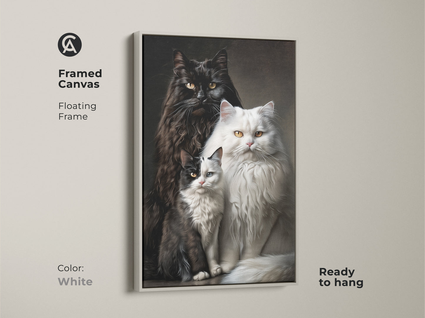 A white framed canvas with a floating frame displays cat art. The ready to hang artwork features a fluffy black cat a fluffy white cat and a black and white kitten. This animal art is perfect for cat lovers.