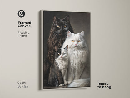 A white framed canvas with a floating frame displays cat art. The ready to hang artwork features a fluffy black cat a fluffy white cat and a black and white kitten. This animal art is perfect for cat lovers.