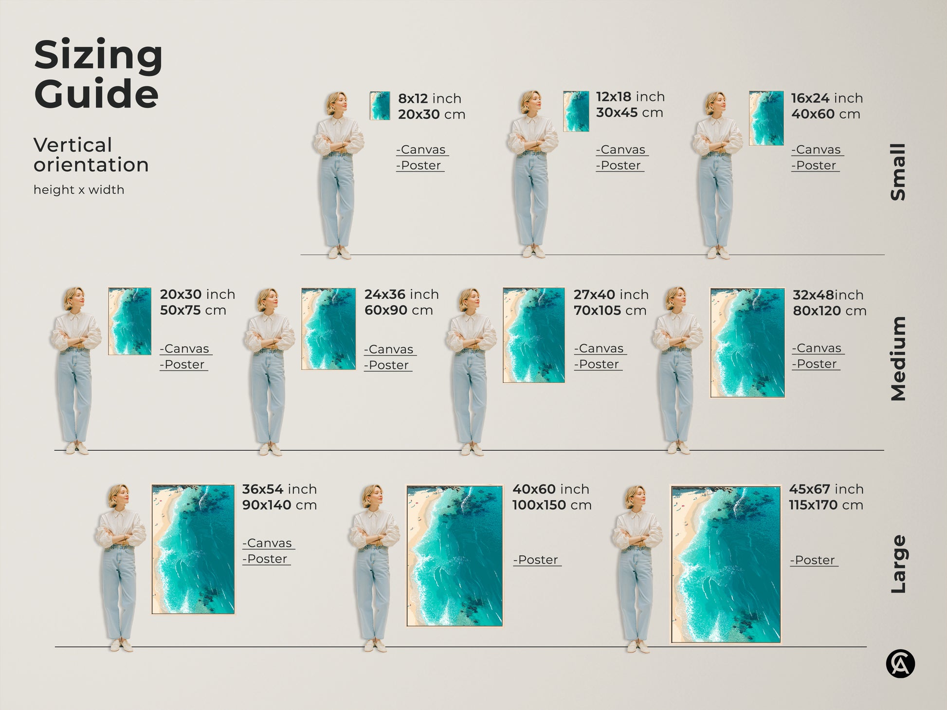 Sizing guide for vertical beach artwork prints. Visualize canvas and poster sizes from small to large. See how each art piece fits various wall spaces. Choose the ideal dimensions to enhance your home decor.