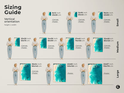 Sizing guide for vertical beach artwork prints. Visualize canvas and poster sizes from small to large. See how each art piece fits various wall spaces. Choose the ideal dimensions to enhance your home decor.