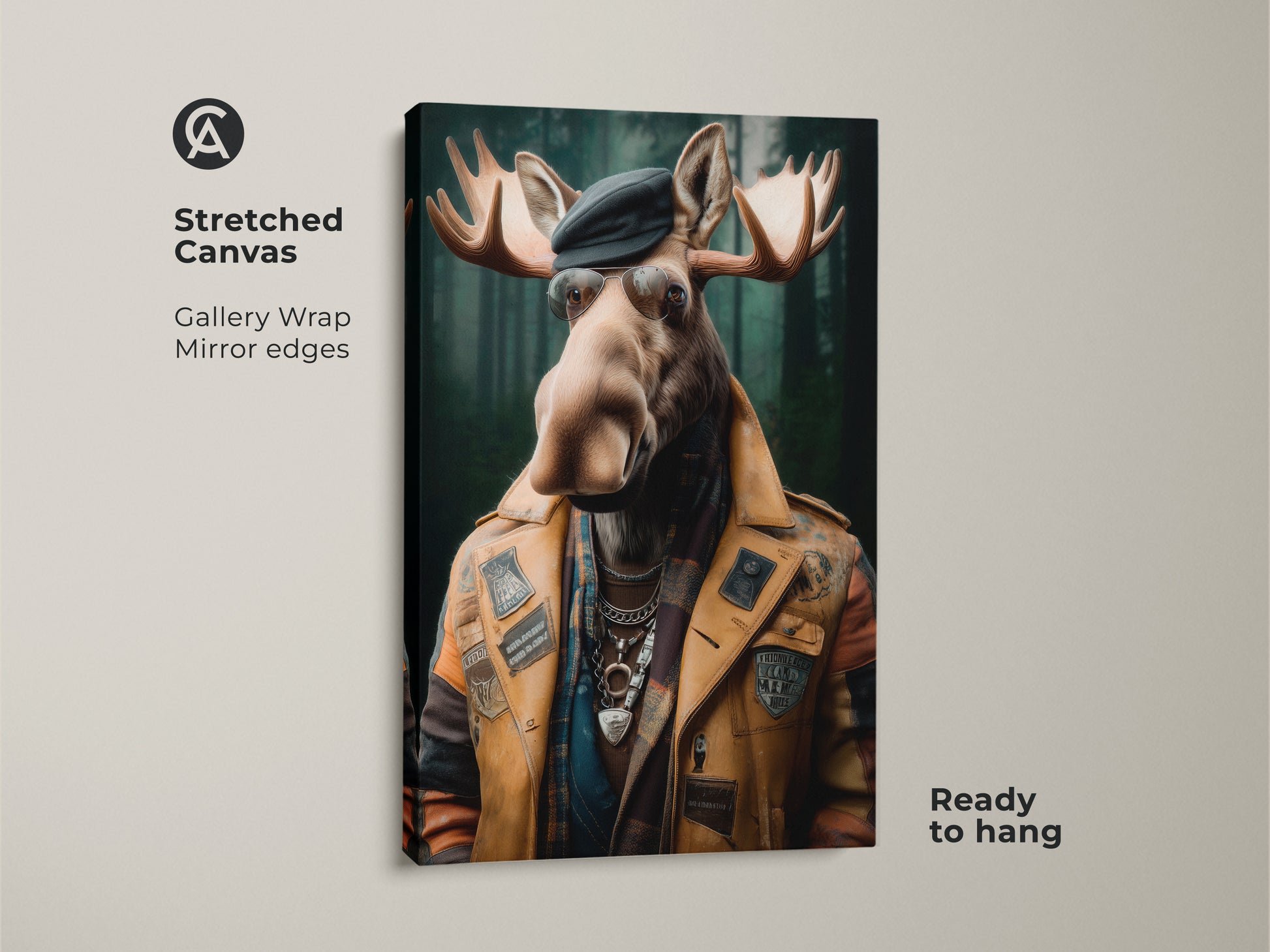 Stretched canvas showcasing the 'Dapper Moose' artwork. A surreal animal portrait with gallery wrap and mirrored edges. The eclectic style brings a touch of whimsy. It's ready to hang and enjoy.