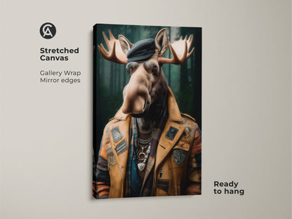 Stretched canvas showcasing the 'Dapper Moose' artwork. A surreal animal portrait with gallery wrap and mirrored edges. The eclectic style brings a touch of whimsy. It's ready to hang and enjoy.