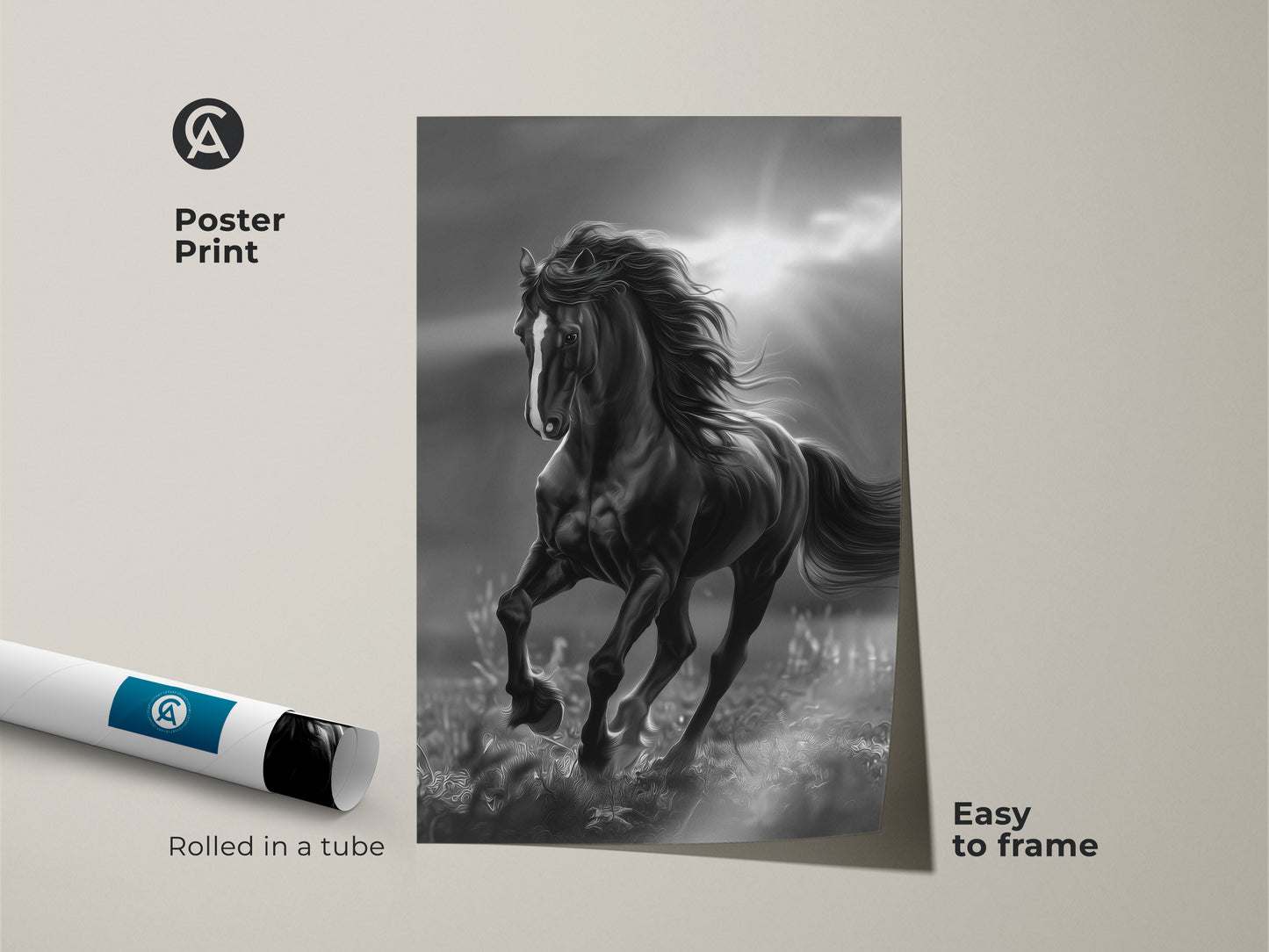 Poster print of black and white horse art. The horse is running in a field with sun rays in the background. The poster is rolled in a tube and easy to frame. Museum-quality paper horse art.