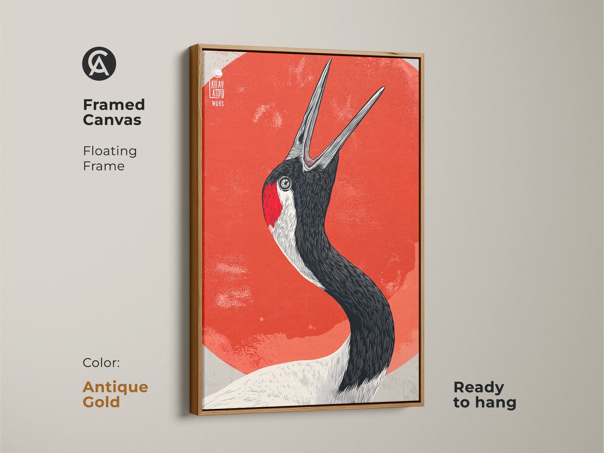 Framed Canvas showcasing Red Crowned Crane in antique gold floating frame ready to hang. This modern folk art poster adds a unique touch to your wall. Consider this sun crane wall hanging for a nature lover's gift.