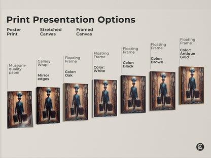 Print Presentation Options showcasing Surreal Steampunk Man artwork. Choose from poster prints stretched canvases or framed canvases. Various frame colors like black brown and white are available. Find the perfect presentation. Elevate your space with museum-quality paper.