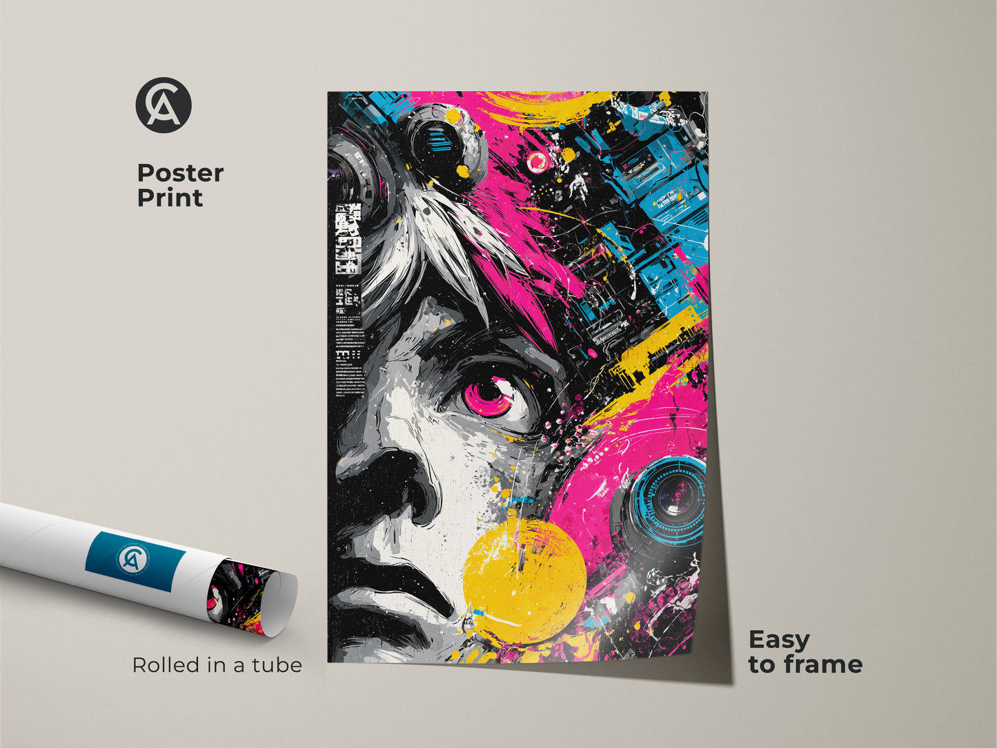 Poster print showcasing abstract portrait art. This unique wall decor arrives rolled in a tube for easy framing. Add a splash of color with vibrant pink and yellow accents. An easy-to-frame poster print for any space. Shop now for this cool art.