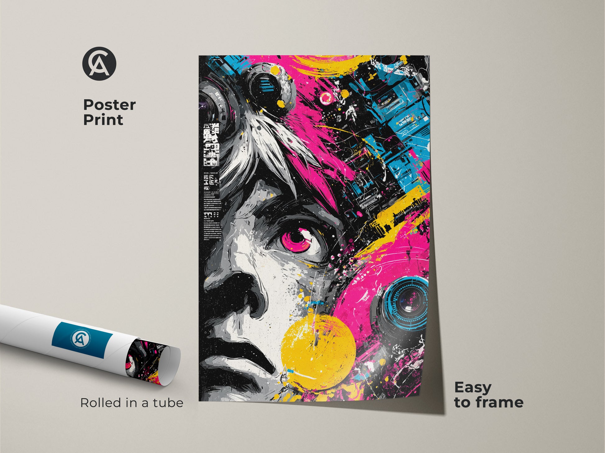 Poster print showcasing abstract portrait art. This unique wall decor arrives rolled in a tube for easy framing. Add a splash of color with vibrant pink and yellow accents. An easy-to-frame poster print for any space. Shop now for this cool art.