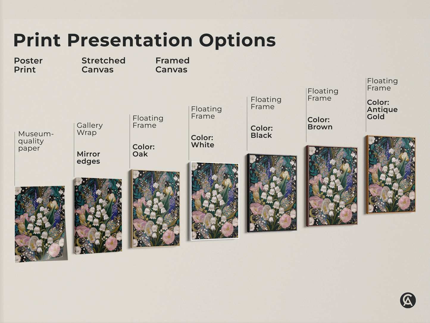 Print presentation options for Lily of the Valley & Tulip Embroidery Art. Choose from poster print stretched canvas and framed canvas. Available with various floating frame colors like oak white black brown and antique gold.